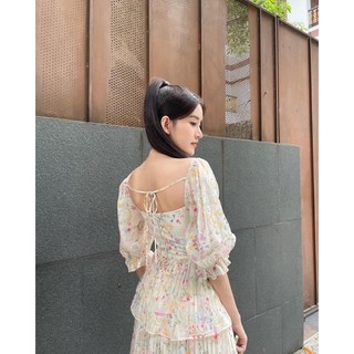 [Xả Lỗ] ĐẦM XOÈ MIDI HOA CỔ VUÔNG DẬP LY 3 TẦNG TIỂU THƯ