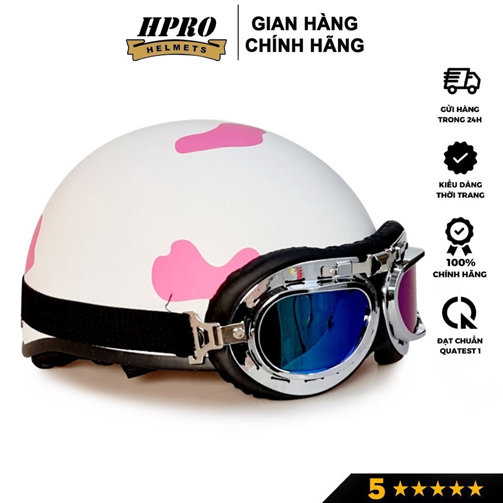 Ảnh Mũ bảo hiểm nửa đầu Hpro Helmet, có kính UV, phi công, tem Bò Sữa cute, an toàn, chất lượng, Freesize (55-59cm) 4