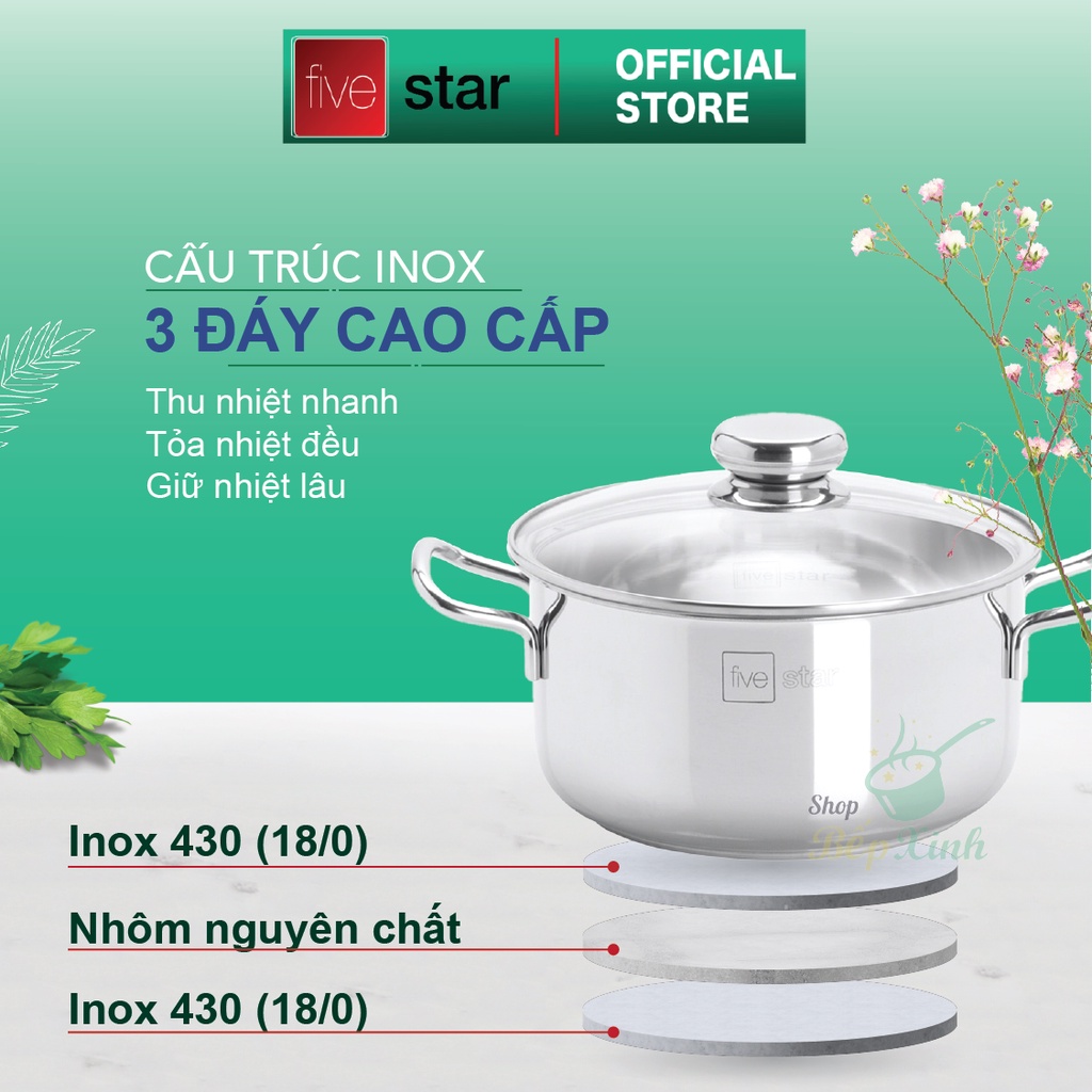 Ảnh Nồi inox 3 đáy sandwich inox 430 cao cấp Fivestar Standard bếp từ nắp kính (16cm -24cm) 2