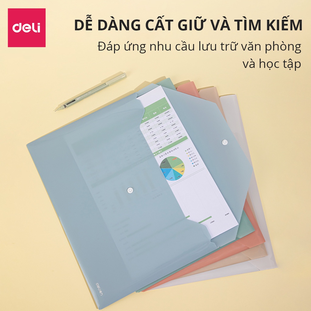 Combo 2 Túi file đựng tài liệu A4 Deli nhiều màu, my clear bag bìa đựng tài liệu văn phòng phẩm lưu trữ hồ sơ giấy tờ