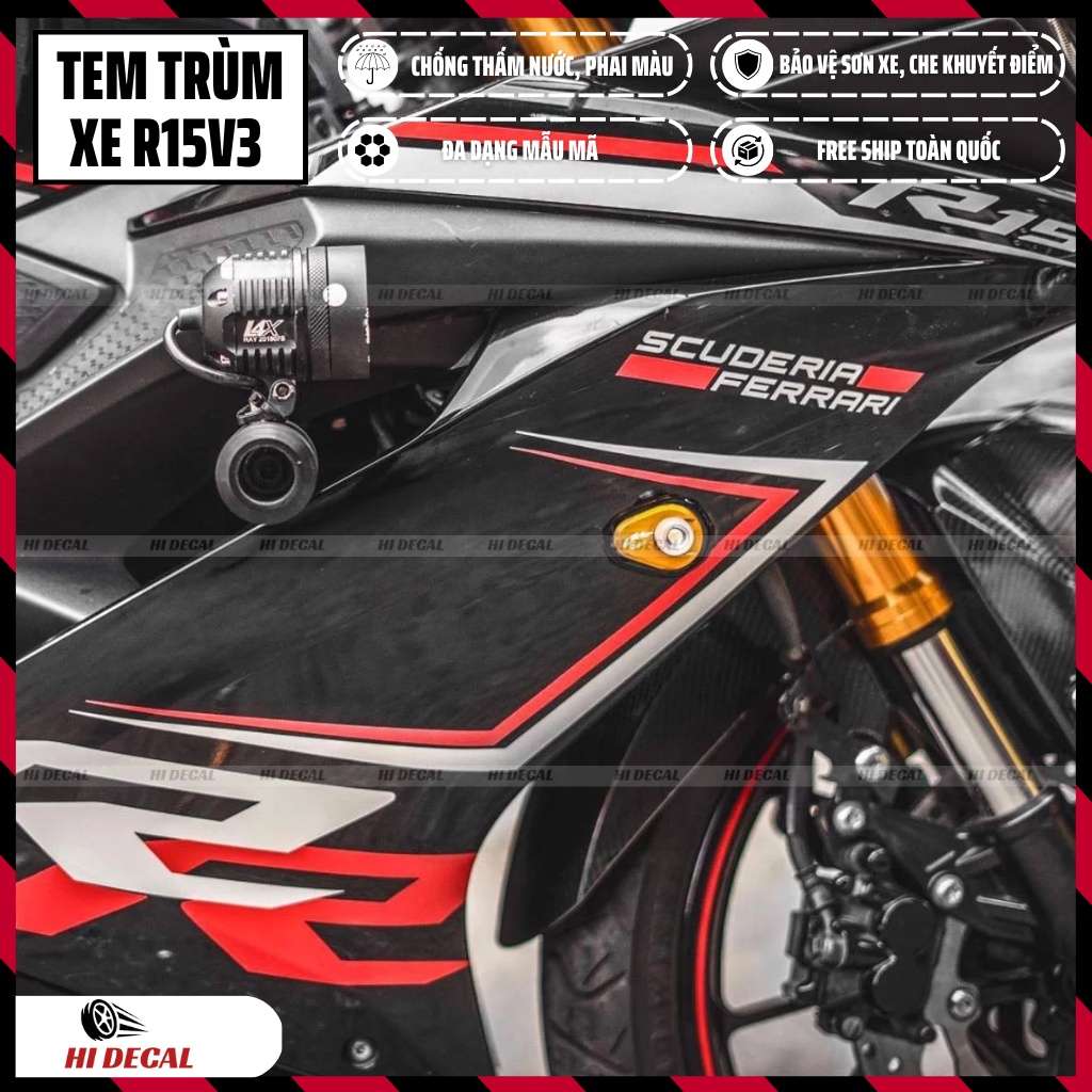 Tem trùm dán xe R15v3 màu đen đỏ | Mẫu R15H003 | Decal dán xe R15v3 chống nước, chống phai màu