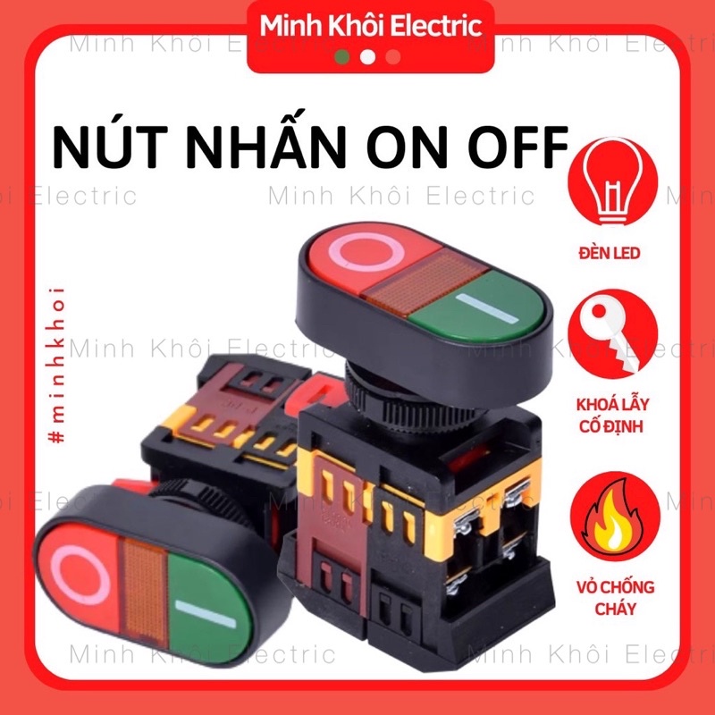 nút nhấn on off phi 22 có đèn, công tắc nhấn đôi 220VAC, nút ấn on off ...