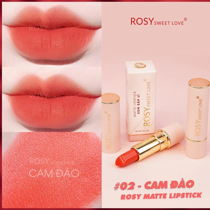 Son thỏi sáp ROSY SWEETLOVE hàng chính hãng, không chì, nhung lì, mềm môi,<màu Cam Đào>