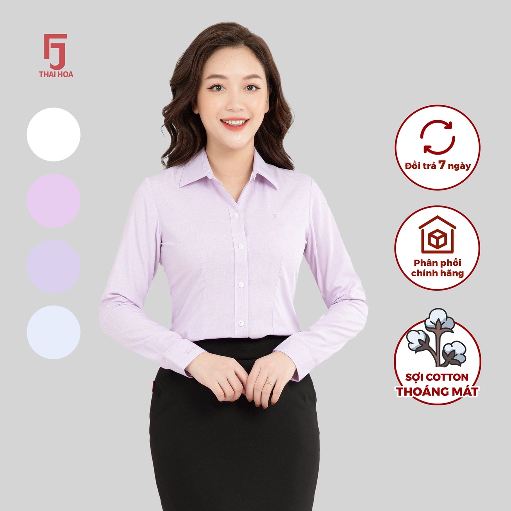 Áo sơ mi nữ dài tay R04 chất liệu cotton kẻ tăm form ôm nhiều màu Thái Hòa