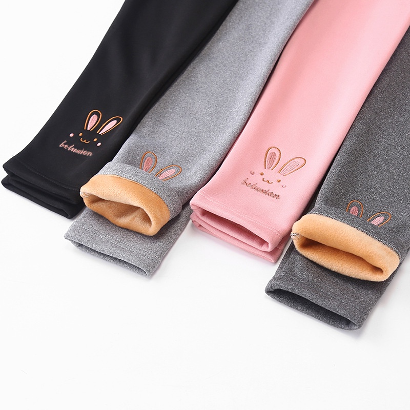 Quần Legging Trẻ Em 100-140cm Lông Cừu Lót Dày Mặc Ngoài Mùa Đông Thu Đông Bé Gái Thêu Phong Cách Mới Mùa Đông Thời Trang Quần Nữ Quần Dài