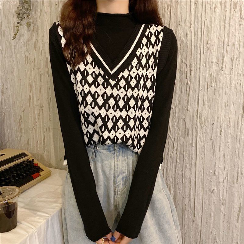 Áo vest dệt kim cổ chữ V cổ điển, phong cách Hàn Quốc