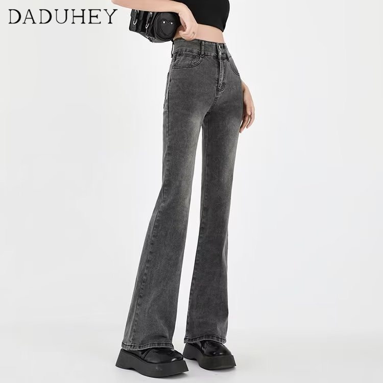 Ảnh Quần jean DADUHEY lưng cao ống loe rộng nhẹ co giãn màu xám phong cách Hàn Quốc retro mới cho nữ 3