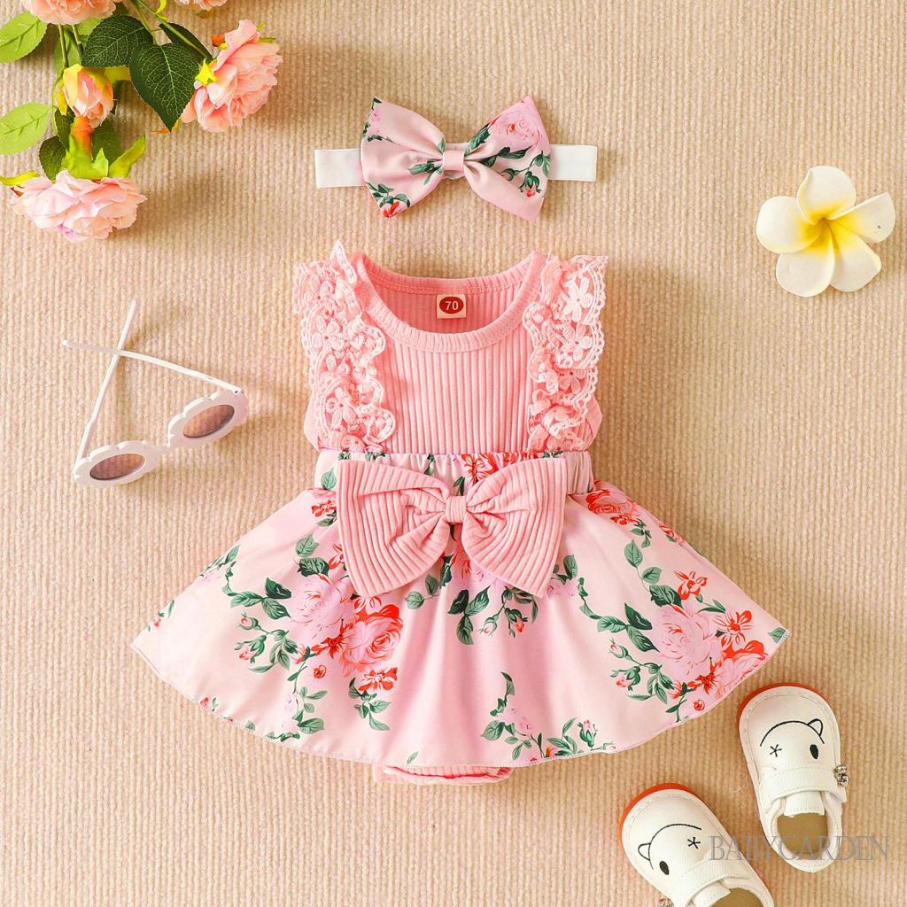 Bộ Áo Liền Quần Không Tay Cổ Tròn In Hoa + Băng Đô Dành Cho Bé Gái 0-18 Tháng Tuổi