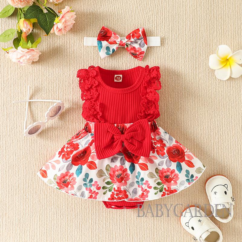 Bộ Áo Liền Quần Không Tay Cổ Tròn In Hoa + Băng Đô Dành Cho Bé Gái 0-18 Tháng Tuổi