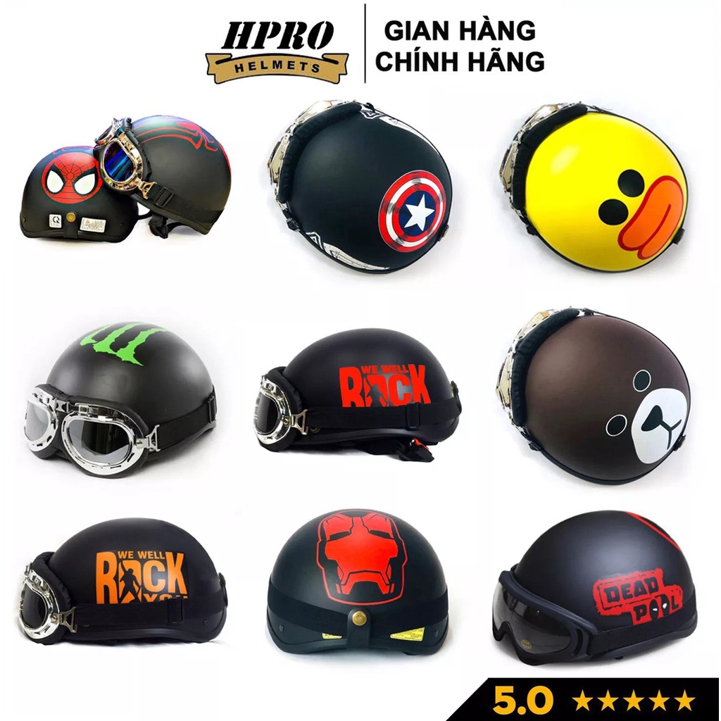 Ảnh Mũ bảo hiểm nửa đầu Hpro Helmets HP01 nhiều họa tiết thời trang, cá tính, Freesize (55-59cm) kèm kính UV, phi công 1
