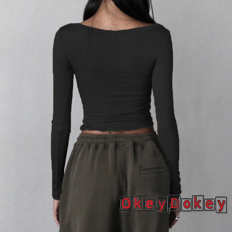 Áo Croptop Dệt Kim Tay Dài Cài Nút Khoét Sâu Gợi Cảm Y2k