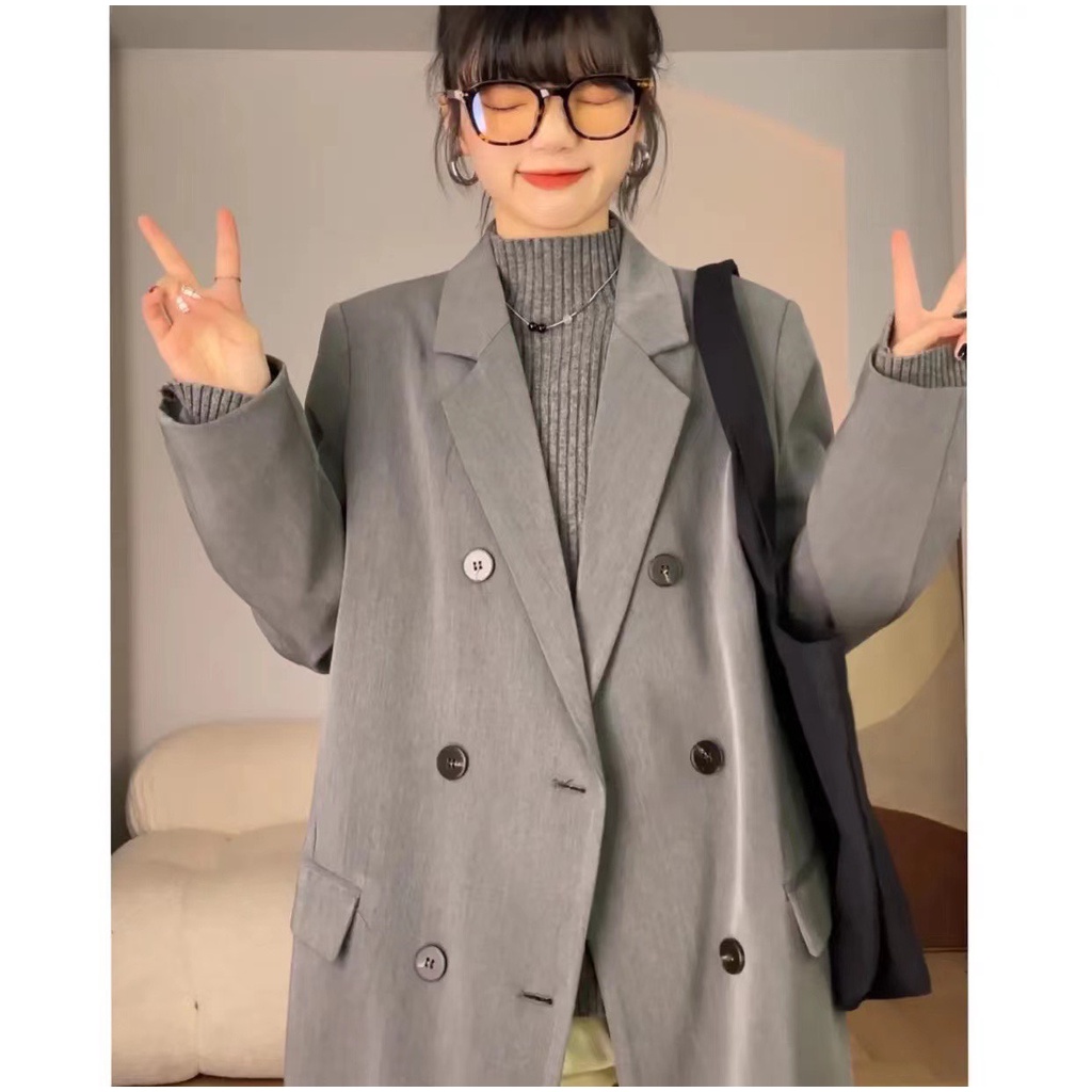 (sẵn)Áo khoác blazer dáng dài qua gối form rộng màu trơn hai lớp dày dặn có độn vai hàng quảng châu cao cấp