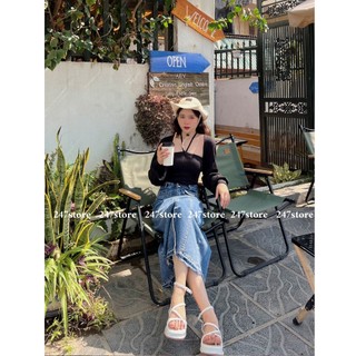 [ Hình thật ] Chân váy jeans dáng dài rách xẻ tà trước mã cvjean6809_P0K37