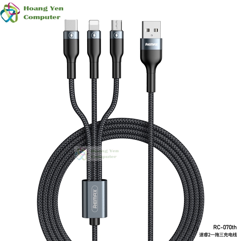 Cáp Sạc 3 Đầu Remax RC-070TH - Dây Dù Dài 1.2m - Bảo Hành 6 Tháng - Hoàng Yến Computer