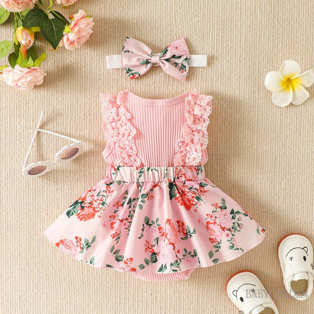 Bộ Áo Liền Quần Không Tay Cổ Tròn In Hoa + Băng Đô Dành Cho Bé Gái 0-18 Tháng Tuổi