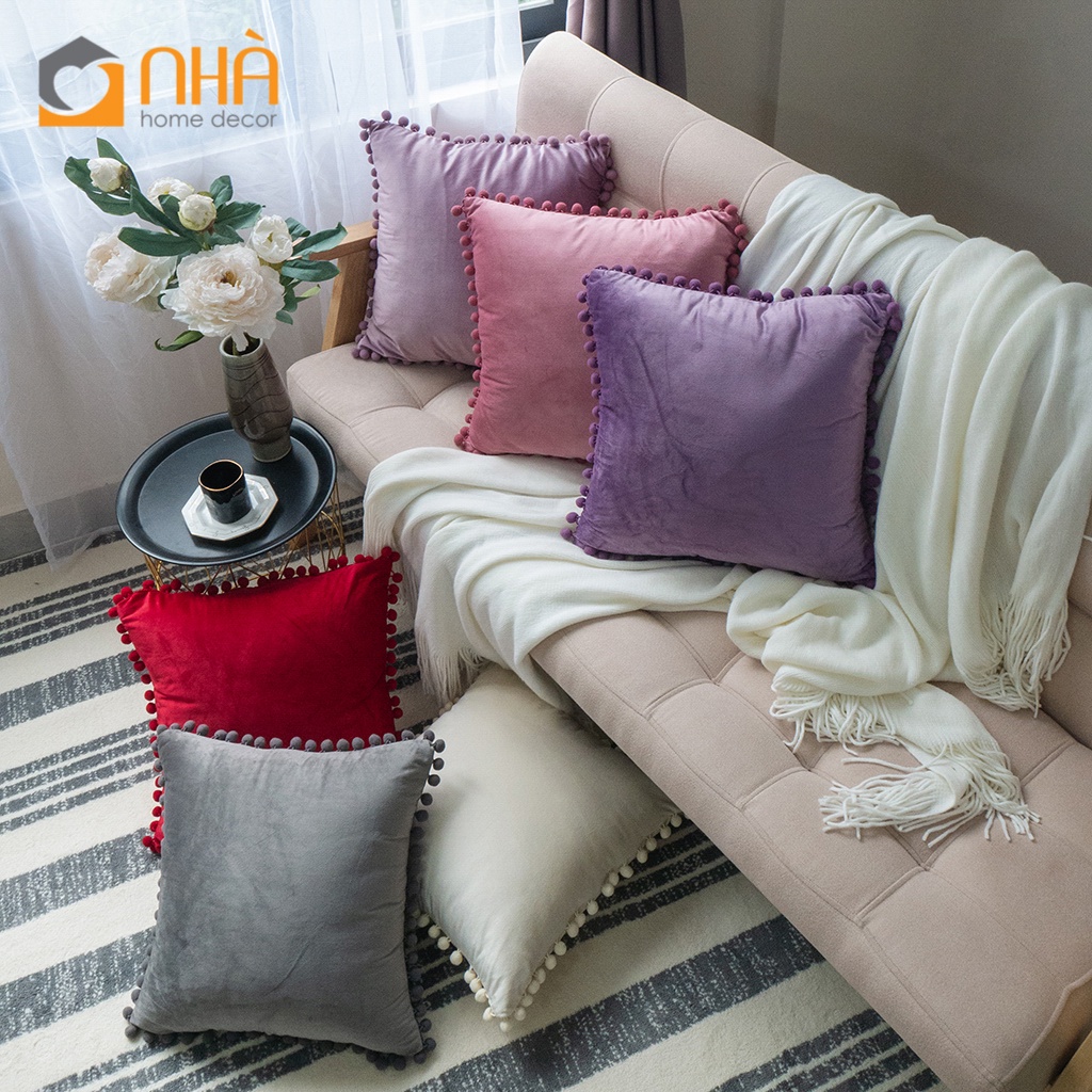Vỏ Gối Tựa Lưng Nhung Trơn Viền Tua Rua