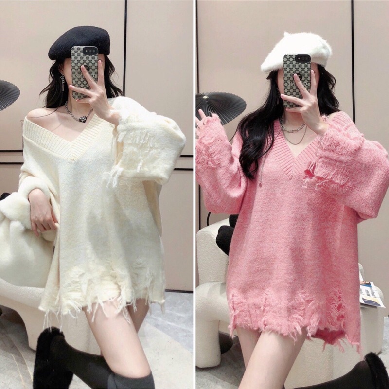 Áo len cổ tim Hàn Quốc phối rách!! | Shopee Việt Nam
