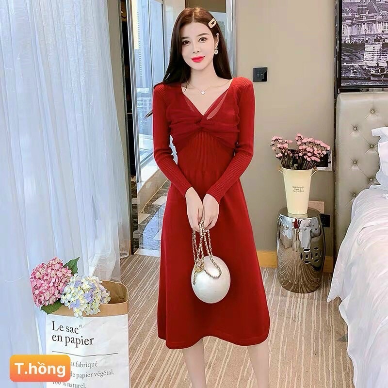 Váy len phối voan ngực hàng Quảng Châu cao cấp