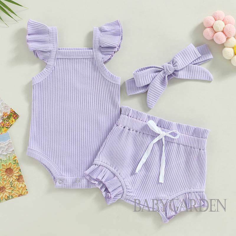 Bộ Áo Liền Quần Tay Cánh Tiên Màu Trơn + Quần Short Rút Dây + Băng Đô Cài Tóc Thời Trang Cho Bé Gái 0-18 Tháng