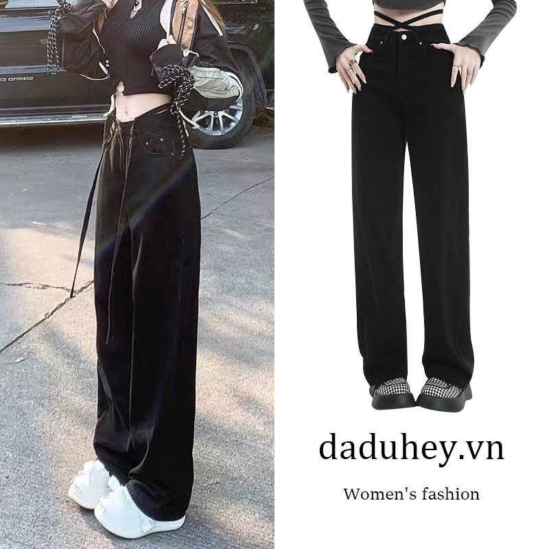 Daduhey Quần jean ống rộng lưng cao dáng suông màu đen phong cách Hàn Quốc mới