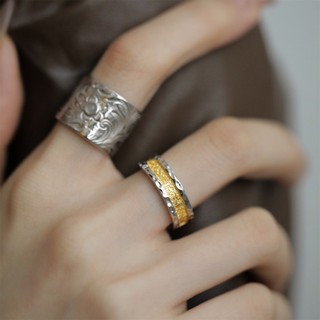 ♥Nhẫn Bạc / Vàng Hai Màu Khắc Họa Tiết Cỏ Tang Độc Đáo
