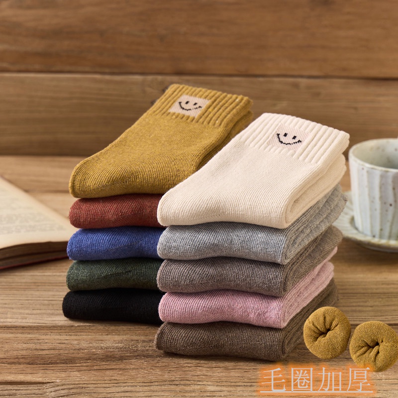 Tất nữ lót lông 100% cotton Nhật vớ dày siêu mềm giữ ấm mùa đông Fuji
