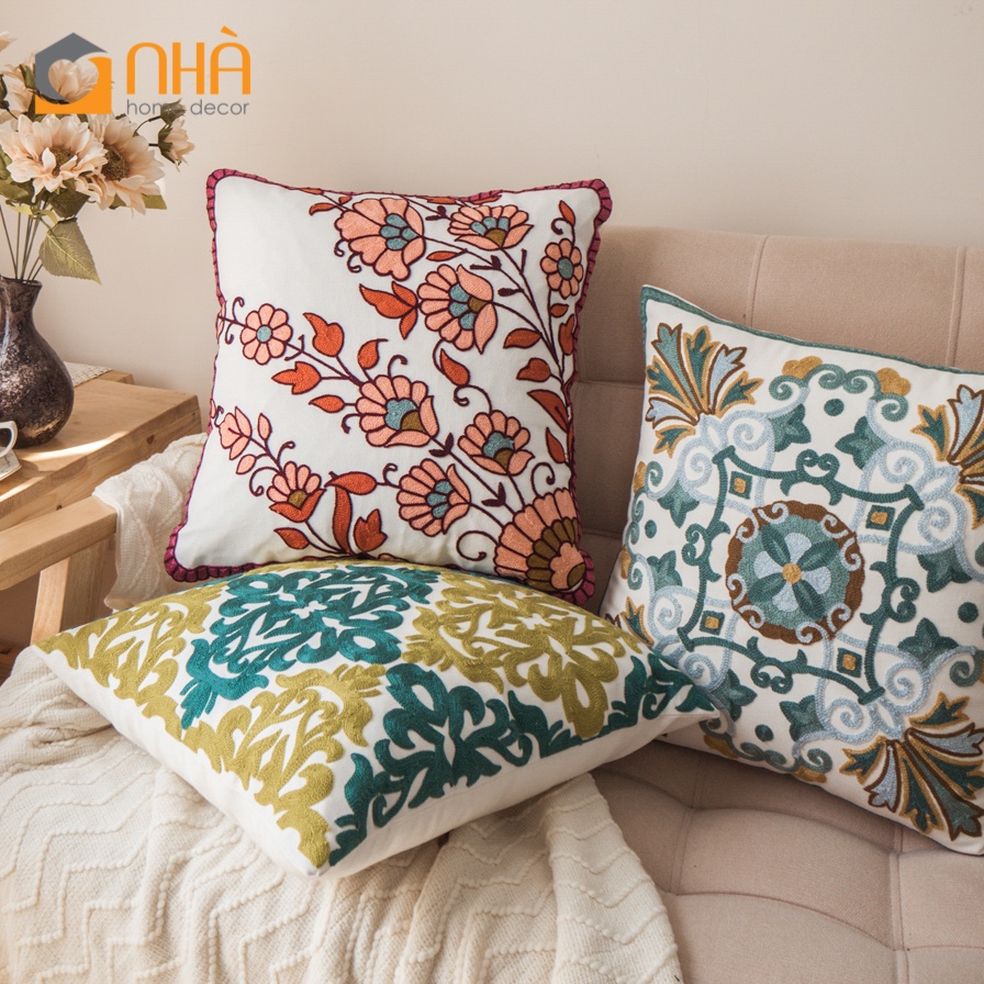 Vỏ Gối Tựa Lưng Linen Cao Cấp Thêu Hoa Văn Hình Học Dệt Nổi Phong Cách Tây Âu