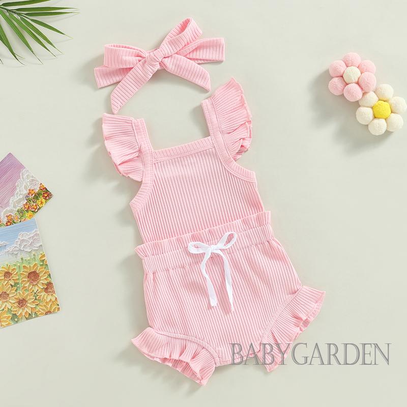 Bộ Áo Liền Quần Tay Cánh Tiên Màu Trơn + Quần Short Rút Dây + Băng Đô Cài Tóc Thời Trang Cho Bé Gái 0-18 Tháng