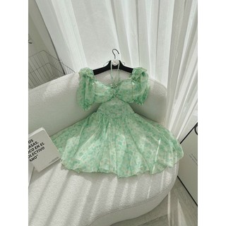 ĐẦM HOA XANH DÂY CỔ YẾM CUTOUT LƯNG