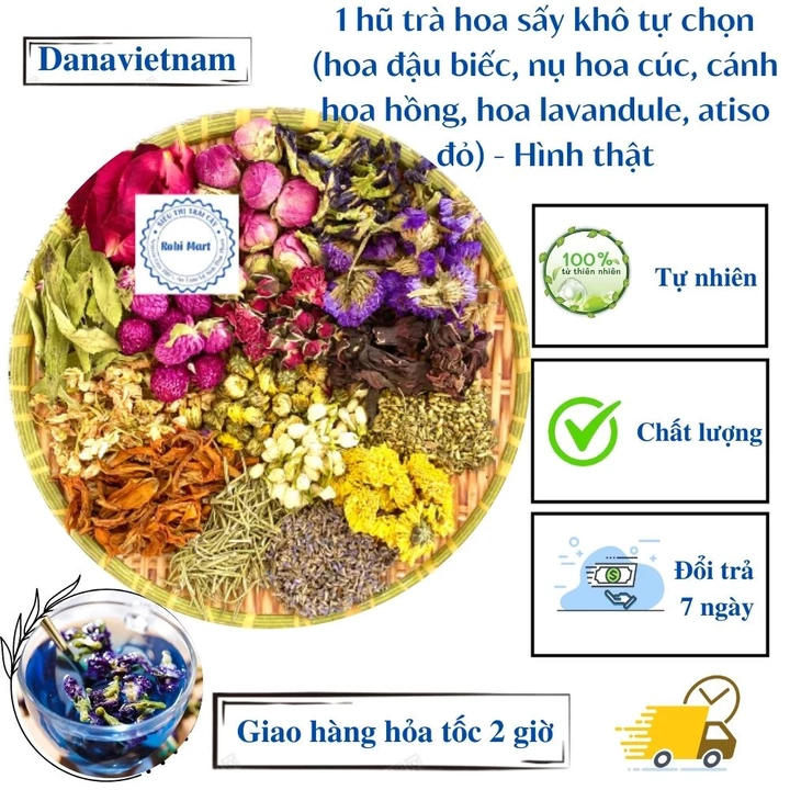 1 hũ trà hoa sấy khô tự chọn (hoa đậu biếc, nụ hoa cúc, hoa lavandule, cánh hoa hồng, hoa atiso đỏ) - Hình thật