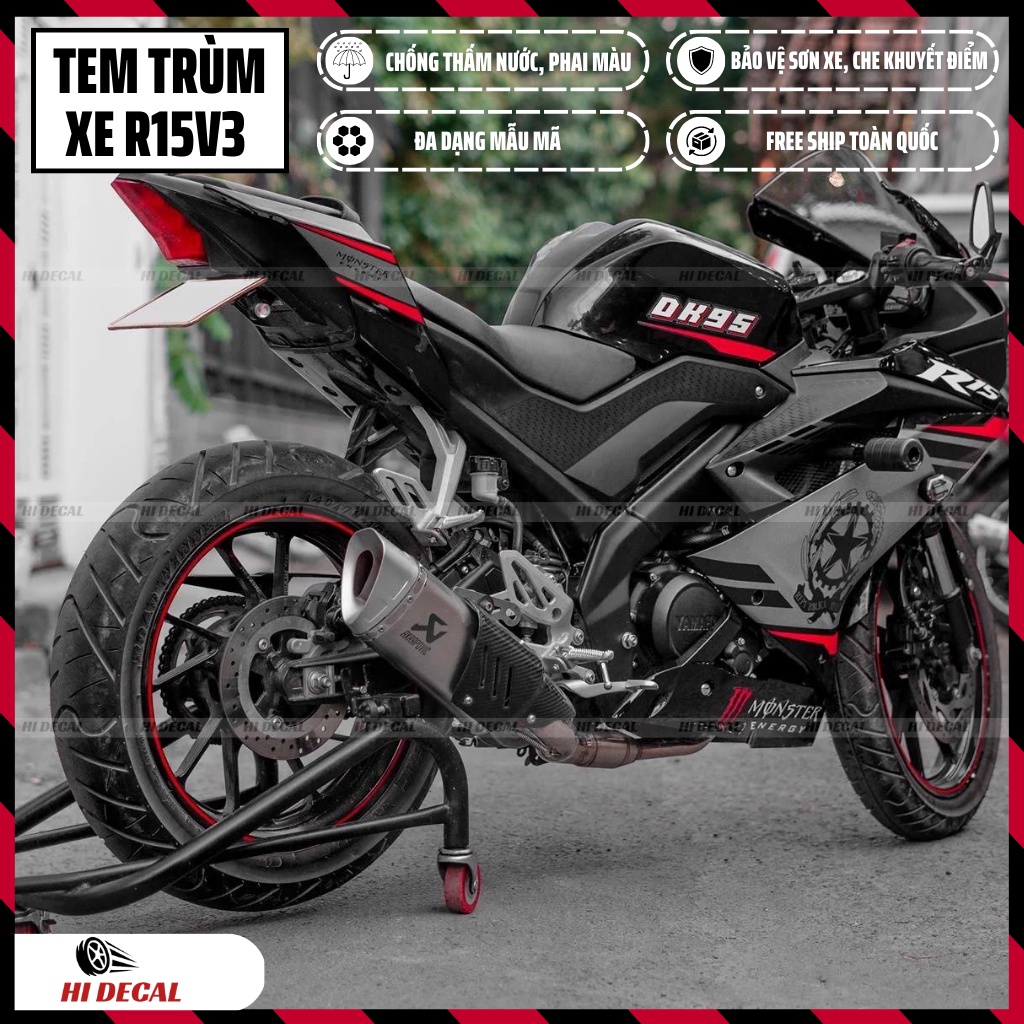 Tem trùm dán xe R15v3 màu đen | Mẫu R15H004 thiết kế riêng | Decal chống phai màu, bảo hành 3 năm