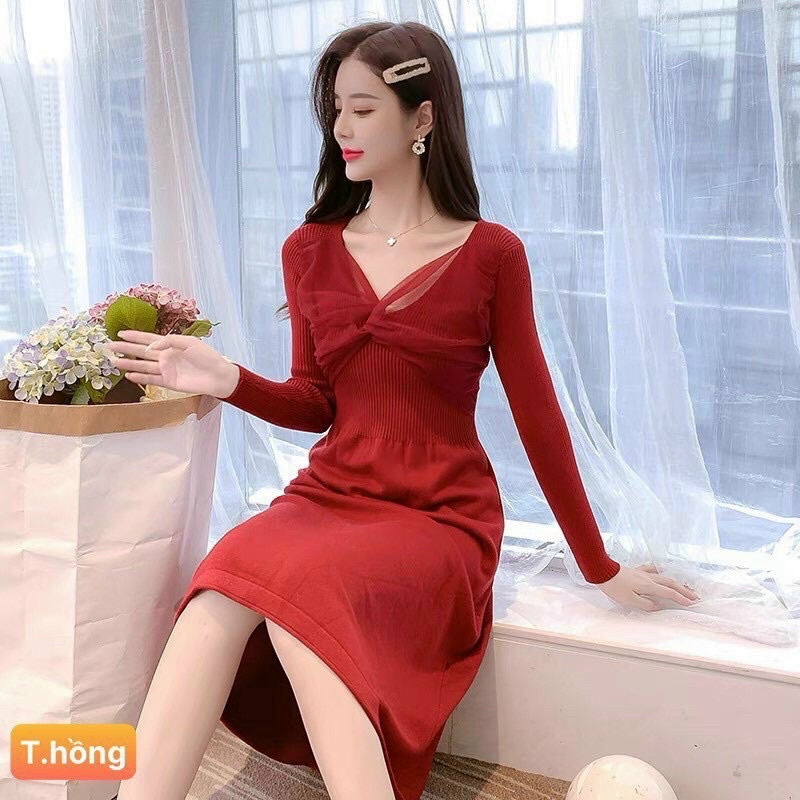 Váy len phối voan ngực hàng Quảng Châu cao cấp