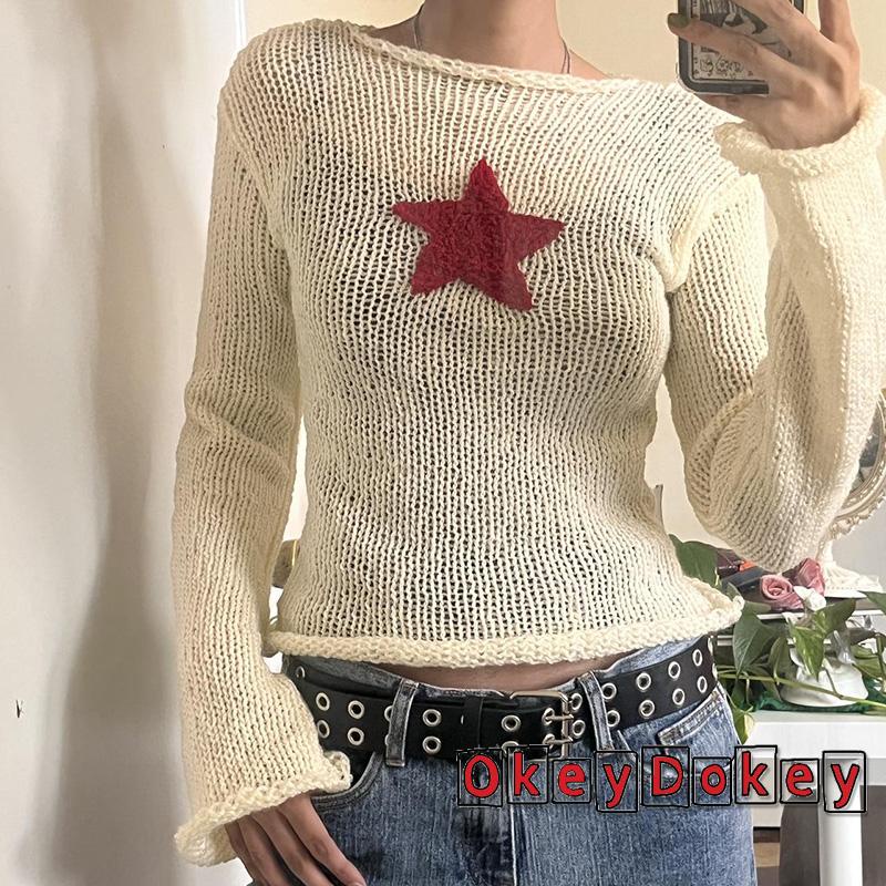 Áo Dệt Kim Họa Tiết Ngôi Sao Phong Cách Retro Cổ Điển Cho Nữ OKDK-Y2K