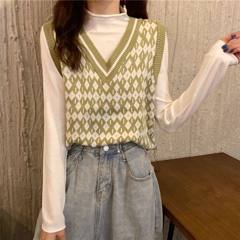 Áo vest dệt kim cổ chữ V cổ điển, phong cách Hàn Quốc