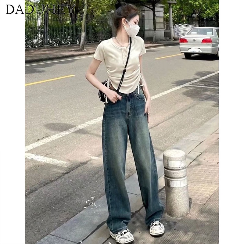 Daduhey Quần jean ống suông rộng lưng cao phong cách Ins Retro Hàn Quốc cho nữ