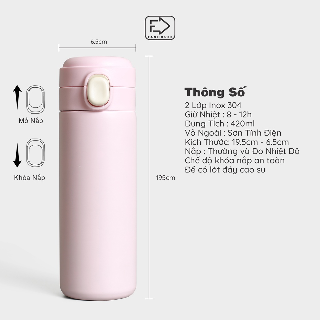 Bình giữ nhiệt Easy Cup khắc tên 420ml bình nước giữ nhiệt Fan House inox 304 hiển thị nhiệt độ | BigBuy360 - bigbuy360.vn