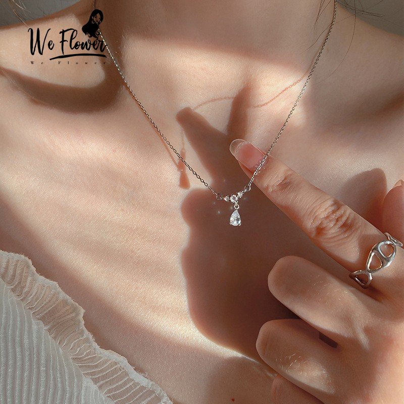 We Flower Vòng cổ Bạc Mặt Hình Giọt Nước Đính Đá Zircon Lấp Lánh Phong Cách Hàn Quốc Cho Nữ