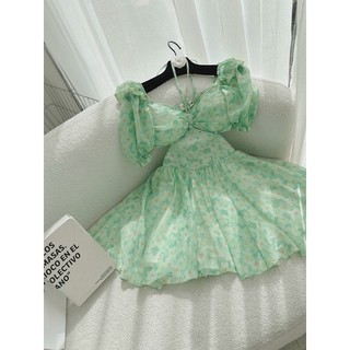 ĐẦM HOA XANH DÂY CỔ YẾM CUTOUT LƯNG