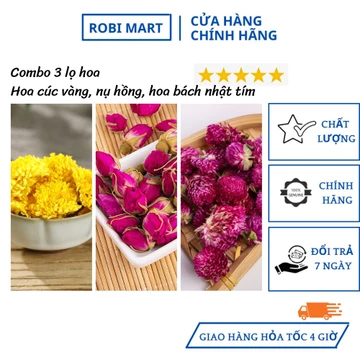 Combo 3 lọ trà hoa sấy khô robimart (hoa cúc vàng, nụ hoa hồng, hoa bách nhật tím) đẹp da, tốt cho sức khỏe