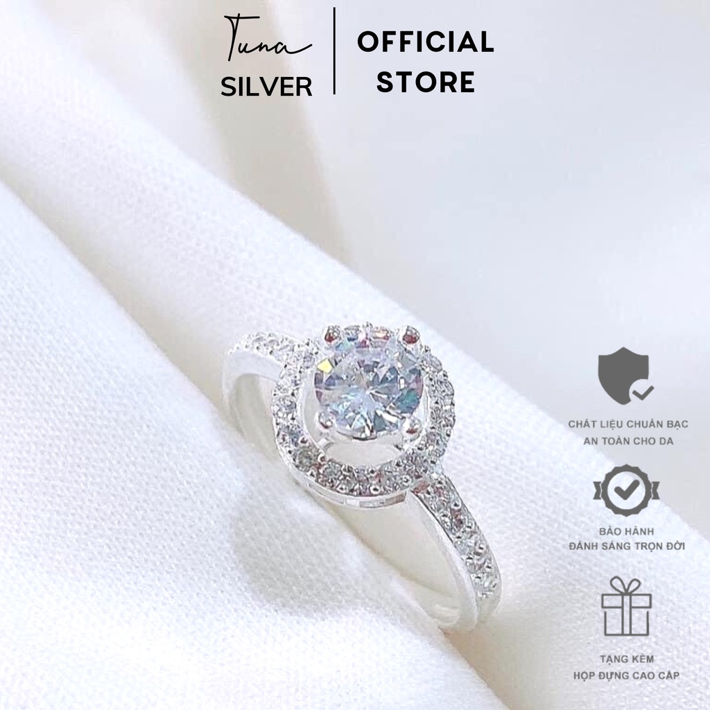 Nhẫn Bạc nữ đính đá tròn cao cấp, Nhẫn bạc đá cao đính đá TUNA SILVER, 𝑪𝒂𝒎 𝒌𝒆̂́𝒕 𝒄𝒉𝒖𝒂̂̉𝒏 𝑩𝒂̣𝒄 Trang sức Bạc cao cấp