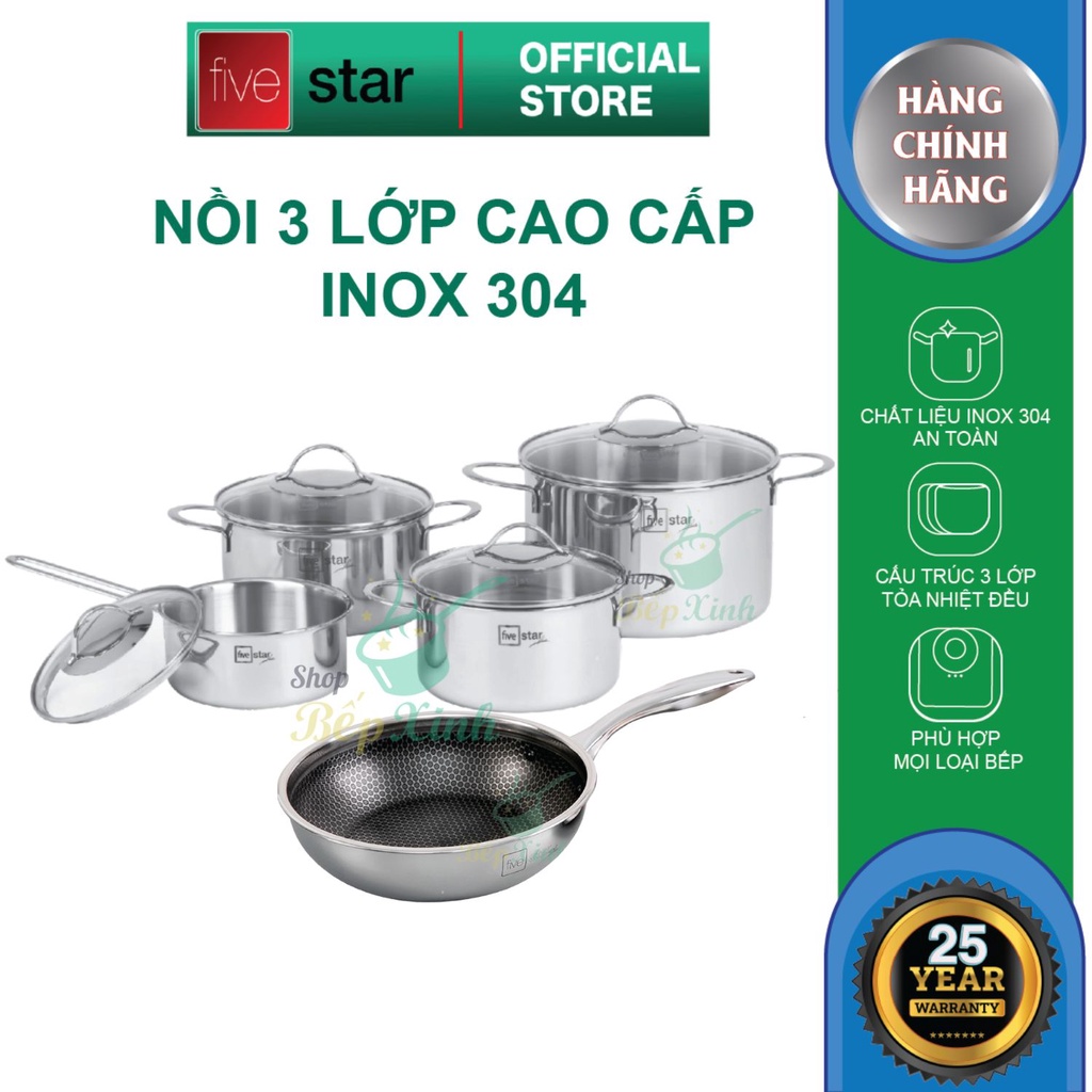 Bộ nồi chảo Blackcube 3 lớp đáy liền cao cấp FiveStar Plus 5 chiếc nắp kính, bảo hành 25 năm , dùng được mọi bếp