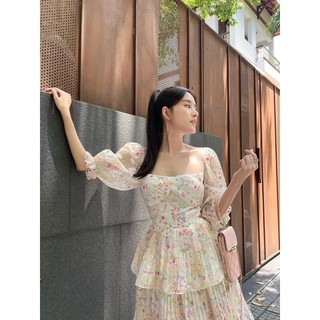 [Xả Lỗ] ĐẦM XOÈ MIDI HOA CỔ VUÔNG DẬP LY 3 TẦNG TIỂU THƯ