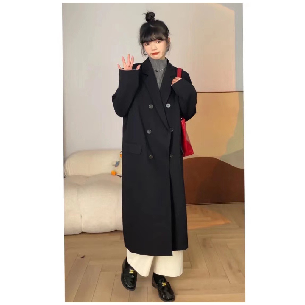 (sẵn)Áo khoác blazer dáng dài qua gối form rộng màu trơn hai lớp dày dặn có độn vai hàng quảng châu cao cấp