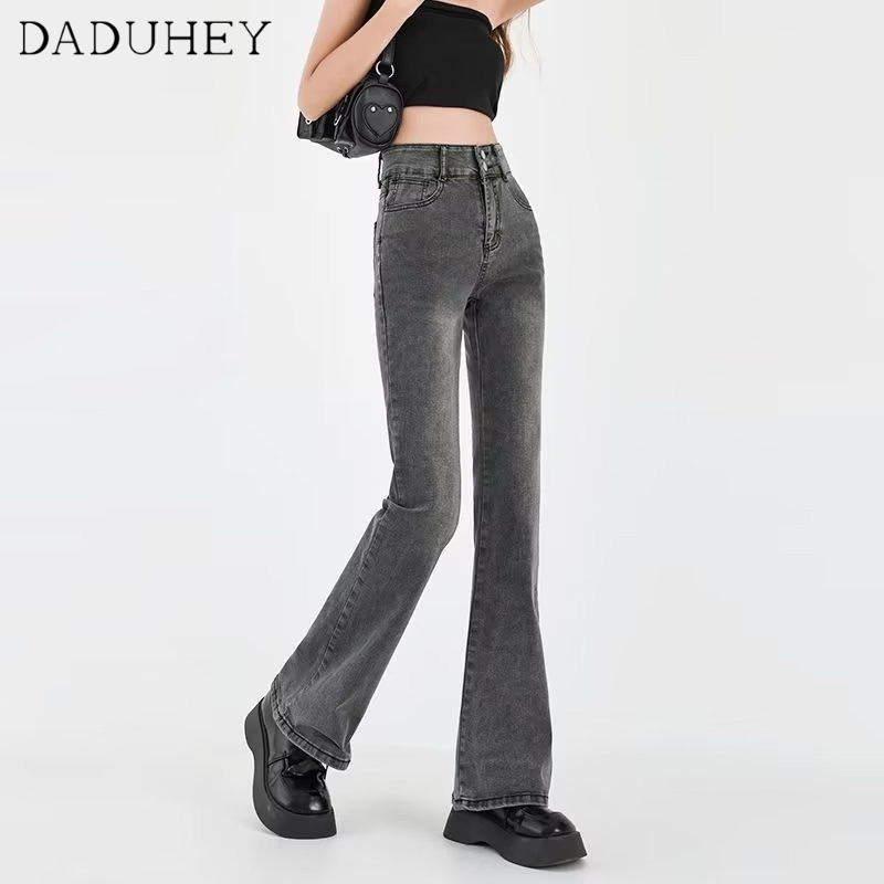 Ảnh Quần jean DADUHEY lưng cao ống loe rộng nhẹ co giãn màu xám phong cách Hàn Quốc retro mới cho nữ 2
