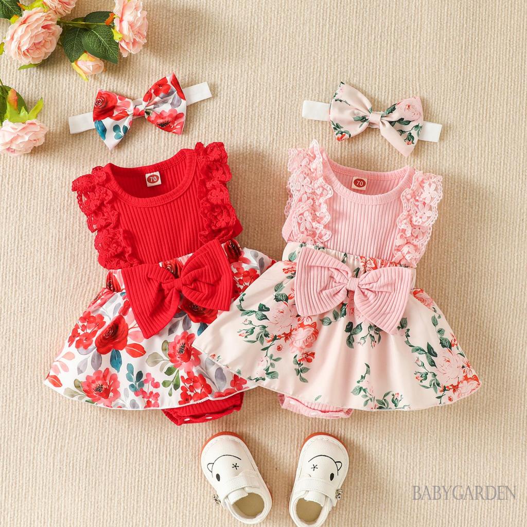 Bộ Áo Liền Quần Không Tay Cổ Tròn In Hoa + Băng Đô Dành Cho Bé Gái 0-18 Tháng Tuổi