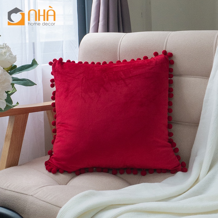 Vỏ Gối Tựa Lưng Nhung Trơn Viền Tua Rua
