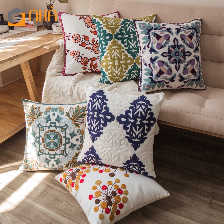 Vỏ Gối Tựa Lưng Linen Cao Cấp Thêu Hoa Văn Hình Học Dệt Nổi Phong Cách Tây Âu