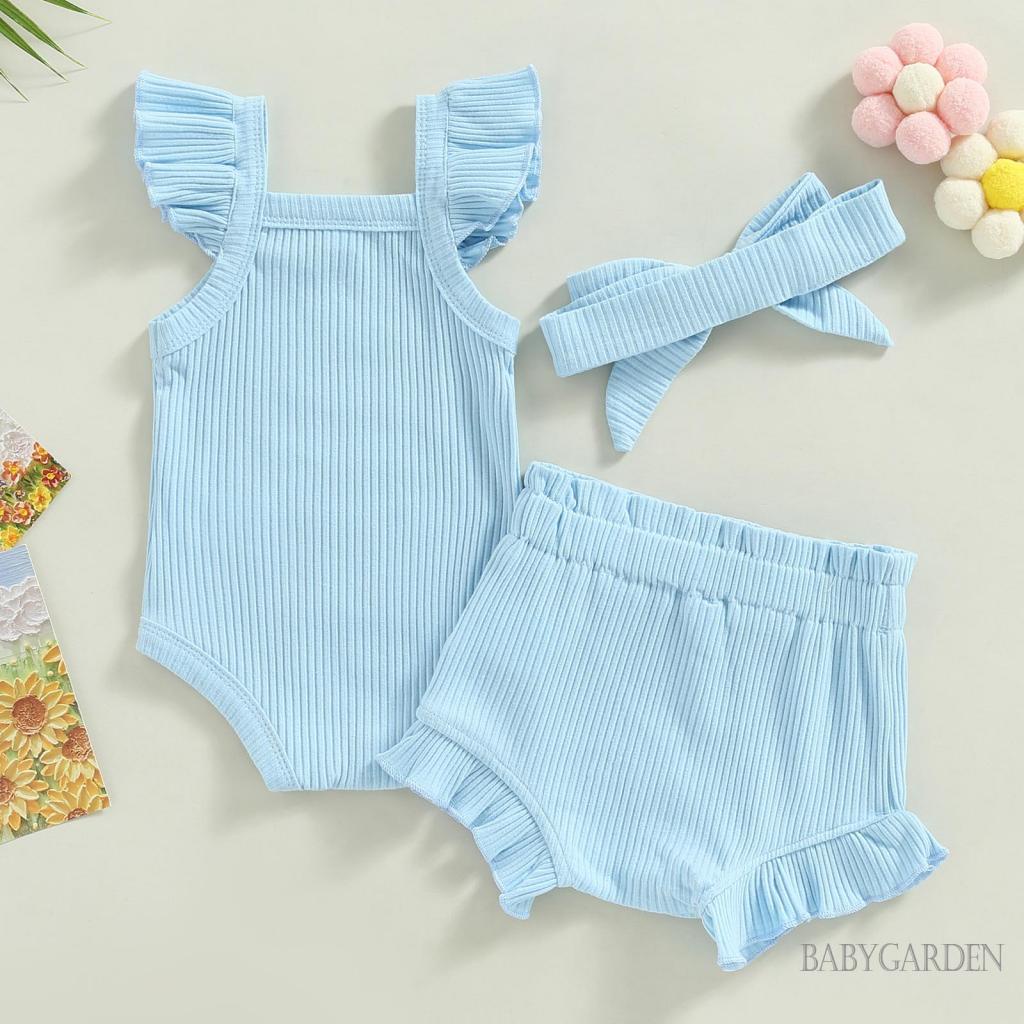 Bộ Áo Liền Quần Tay Cánh Tiên Màu Trơn + Quần Short Rút Dây + Băng Đô Cài Tóc Thời Trang Cho Bé Gái 0-18 Tháng
