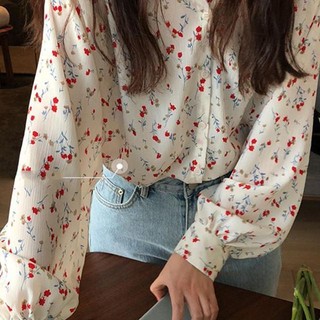 Áo Sơ Mi Chiffon Dài Tay Cổ Chữ V In Hoa Phong Cách Hàn Quốc Mới