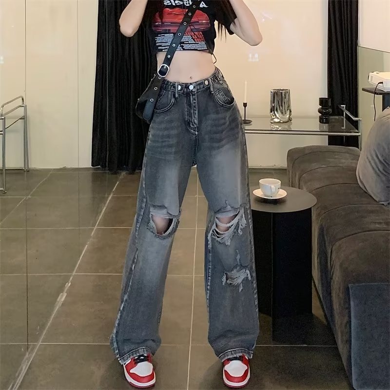 Ảnh Daduhey Quần jeans dài ống rộng lưng cao khoét lỗ phong cách trẻ trung pha cổ điển thời trang Hàn Quốc 1